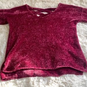 Soft Magenta Sweater with Back Criss-Cross Detail | Fuzzy Velvet Feeling